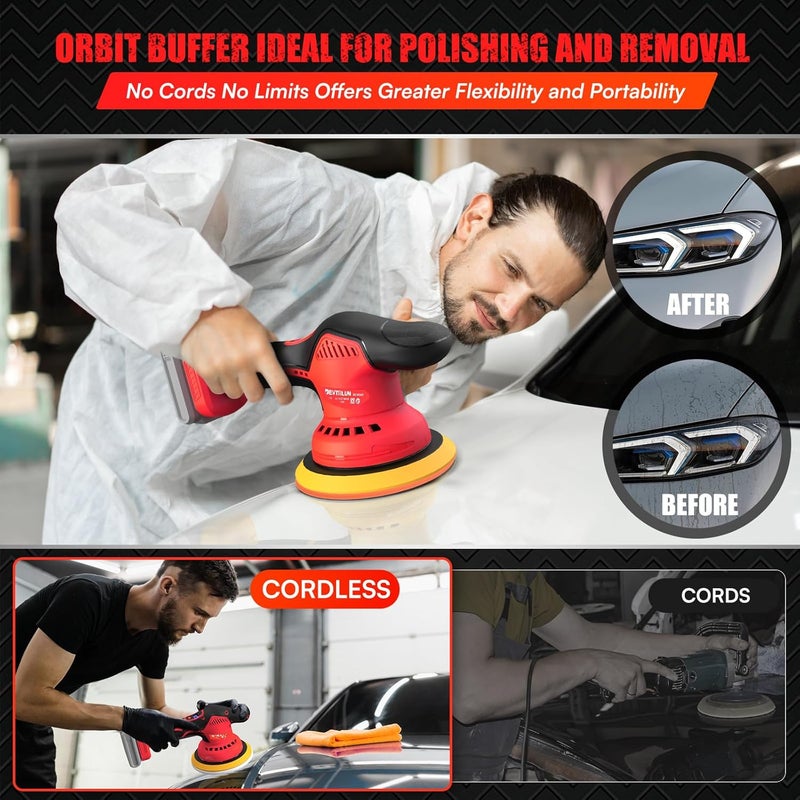 DEVTBLUN Cordless Car Buffer Polisher for Milwaukee M18 Battery(NO Battery),6 In Brushless Buffer Polisher Kit , 8 Variable Speed 5500RPM Orbital Polisher for Car Detailing Waxing,14PCS Polishing Accessories - Image 3